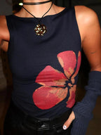 Floral Print Crop Tank Top For Women Fitted Boat Neck Sleeveless