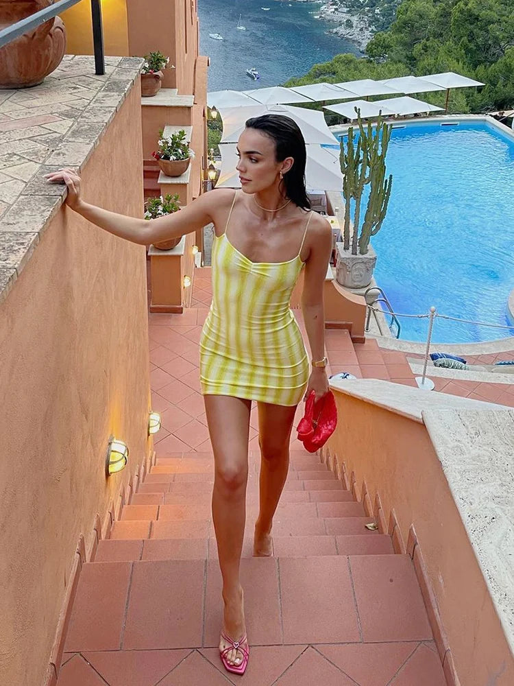 Striped Spaghetti Strap Dress With Pleated Backless Mini Bodycon