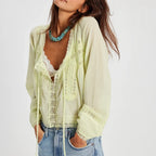Dreamy Lace Patchwork Sheer Long Sleeve Blouse With Square Neck And Tie Front Crop Top