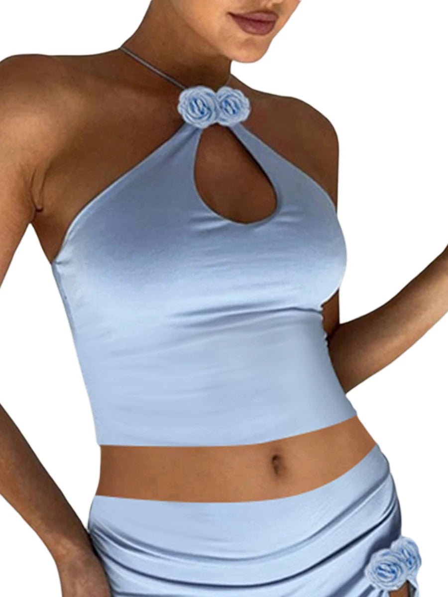 Floral Hollow Out Cross Back Tank Top With Flower Decor Cropped Sleeveless
