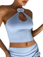 Floral Hollow Out Cross Back Tank Top With Flower Decor Cropped Sleeveless