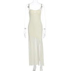 Backless Hollow Mesh Spaghetti Strap Gown Elegant Long Evening Dress