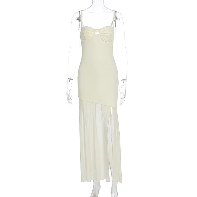 Backless Hollow Mesh Spaghetti Strap Gown Elegant Long Evening Dress