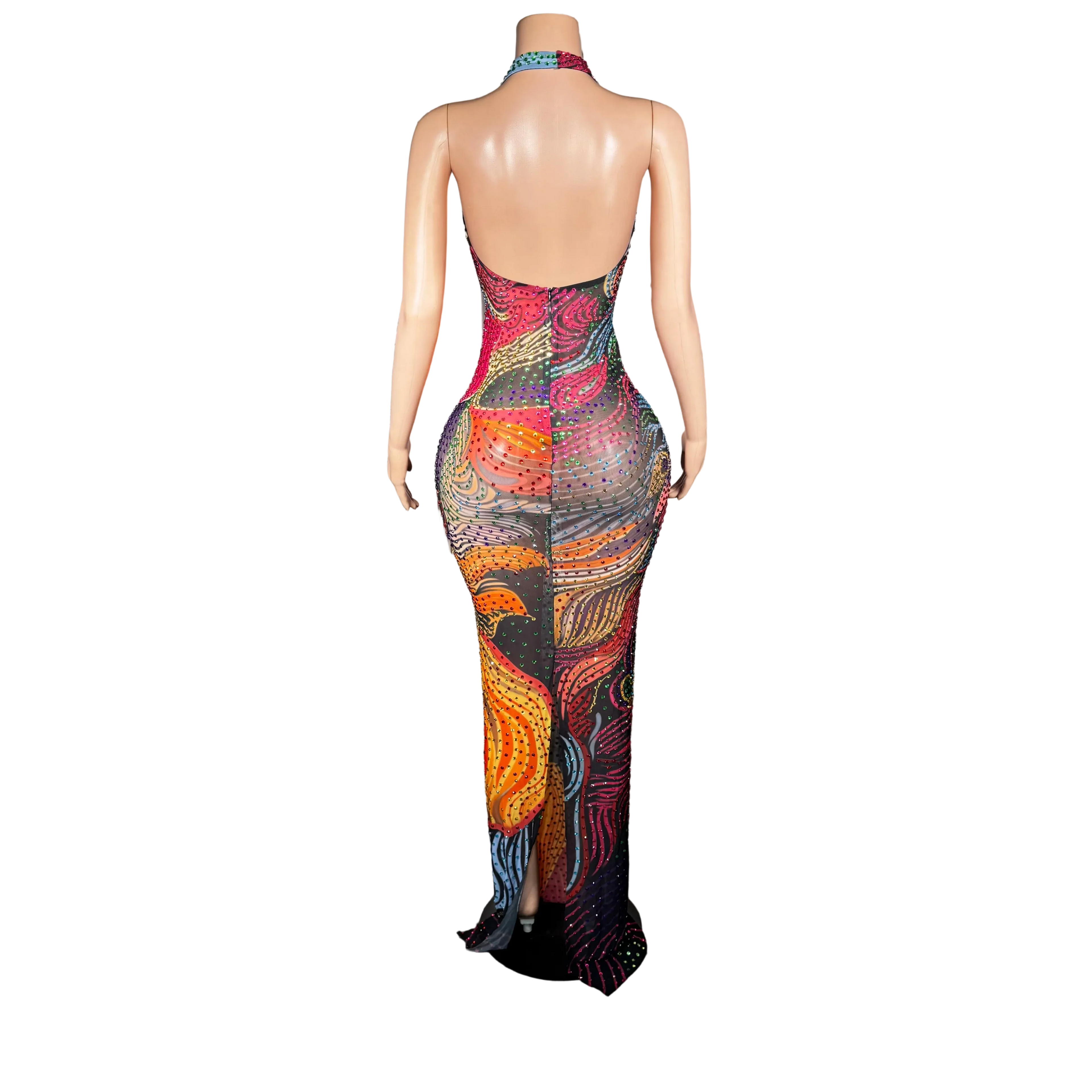Plus Size Glam Night Sheer Mesh Dress With Colorful Rhinestones