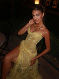 Yellow Mermaid Lace Embroidery Prom Dress With Sequins Sleeveless Side High Split Evening Gown