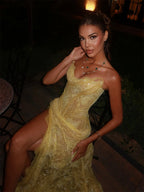 Yellow Mermaid Lace Embroidery Prom Dress With Sequins Sleeveless Side High Split Evening Gown
