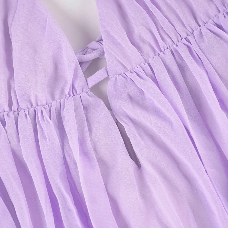 Purple Chiffon Backless Sundress With Deep V Neck A-Line Mini