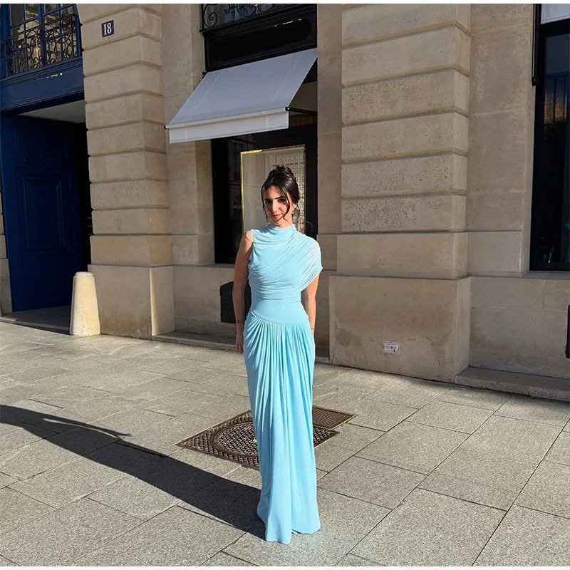 Blue Irregular Shawl Maxi Dress Slim Fit Pleated Turtleneck Elegant Evening
