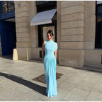Blue Irregular Shawl Maxi Dress Slim Fit Pleated Turtleneck Elegant Evening
