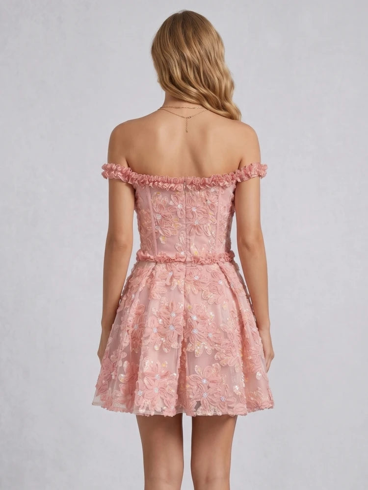 Off Shoulder Floral Embroidery Mini Dress With Delicate Ruffles Sleeveless And Backless