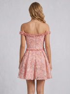 Off Shoulder Floral Embroidery Mini Dress With Delicate Ruffles Sleeveless And Backless