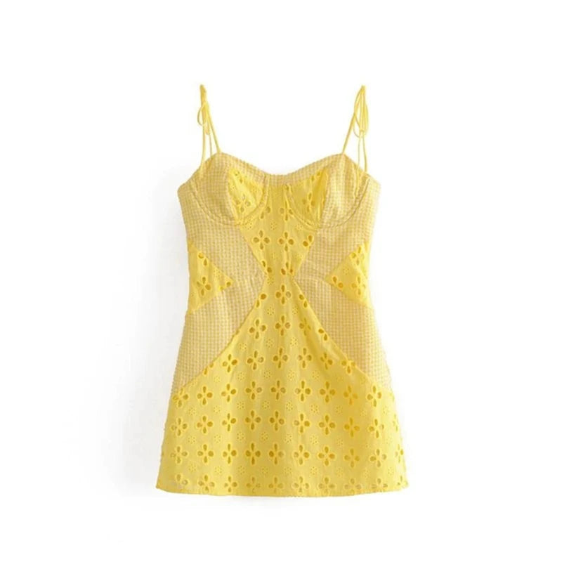 Vintage Boho Yellow Floral Mini Dress With Tie Front Straps Backless Cutout