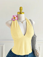 Plus Size Ribbed Halter Cami Top With V Neck And Back Tie Bow