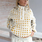 Cozy Checkered Sherpa Long Sleeve Pullover With Stand Collar