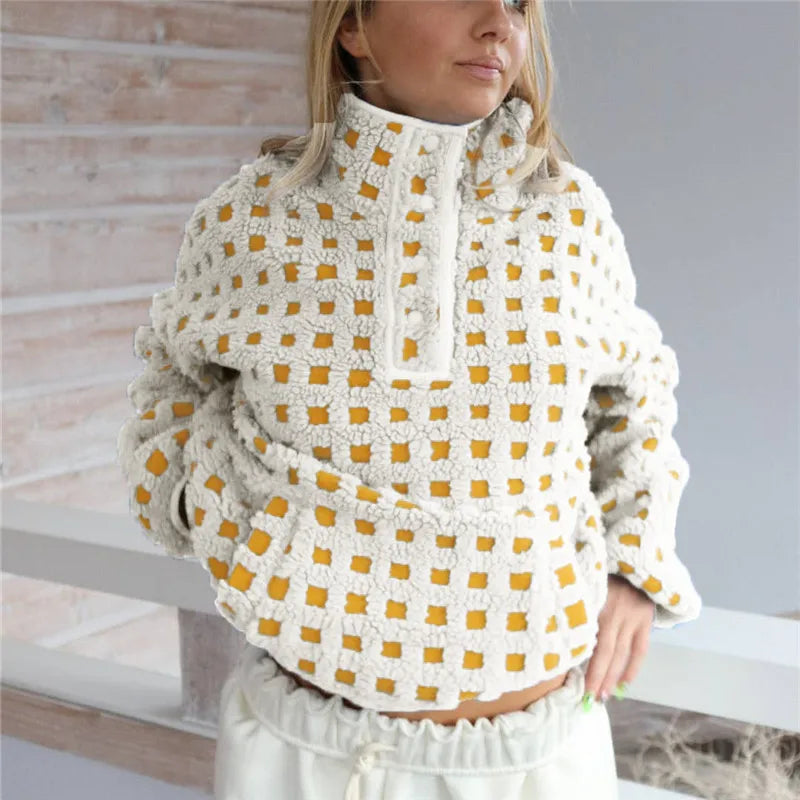 Cozy Checkered Sherpa Long Sleeve Pullover With Stand Collar