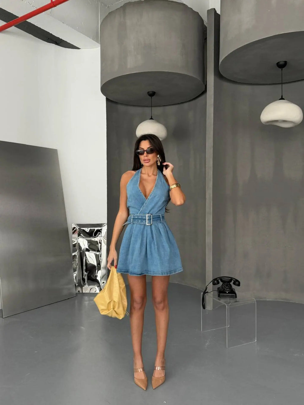 Halter Neck Backless Denim Dress With Belt Street Style Sleeveless Mini Edition