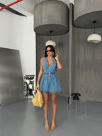 Halter Neck Backless Denim Dress With Belt Street Style Sleeveless Mini Edition