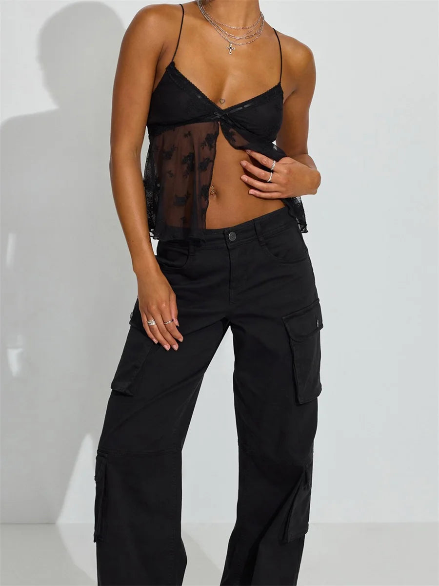 Sunny Day Floral Embroidered Mesh Cami Top With V Neck And Lace Trim
