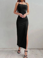 Halter Neck Bodycon Dress With Sleeveless Backless Design Spaghetti Straps High Slit
