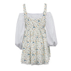 Floral Patchwork Mini Dress With Off Shoulder Square Collar Two Piece Look A Line