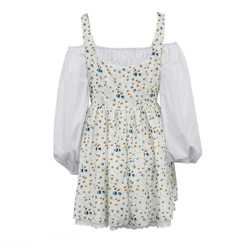 Floral Patchwork Mini Dress With Off Shoulder Square Collar Two Piece Look A Line