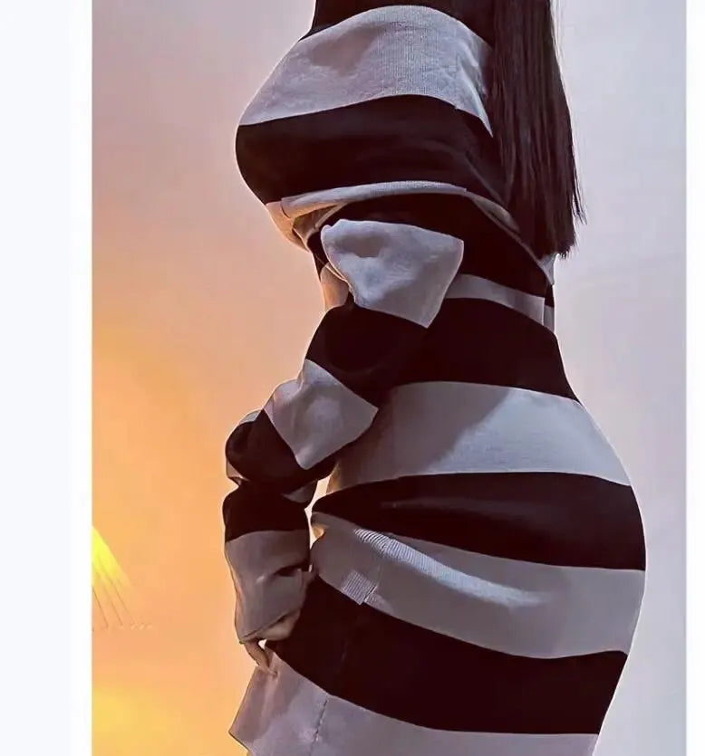 Striped Mini Bodycon Dress With Boat Neck And Off Shoulder