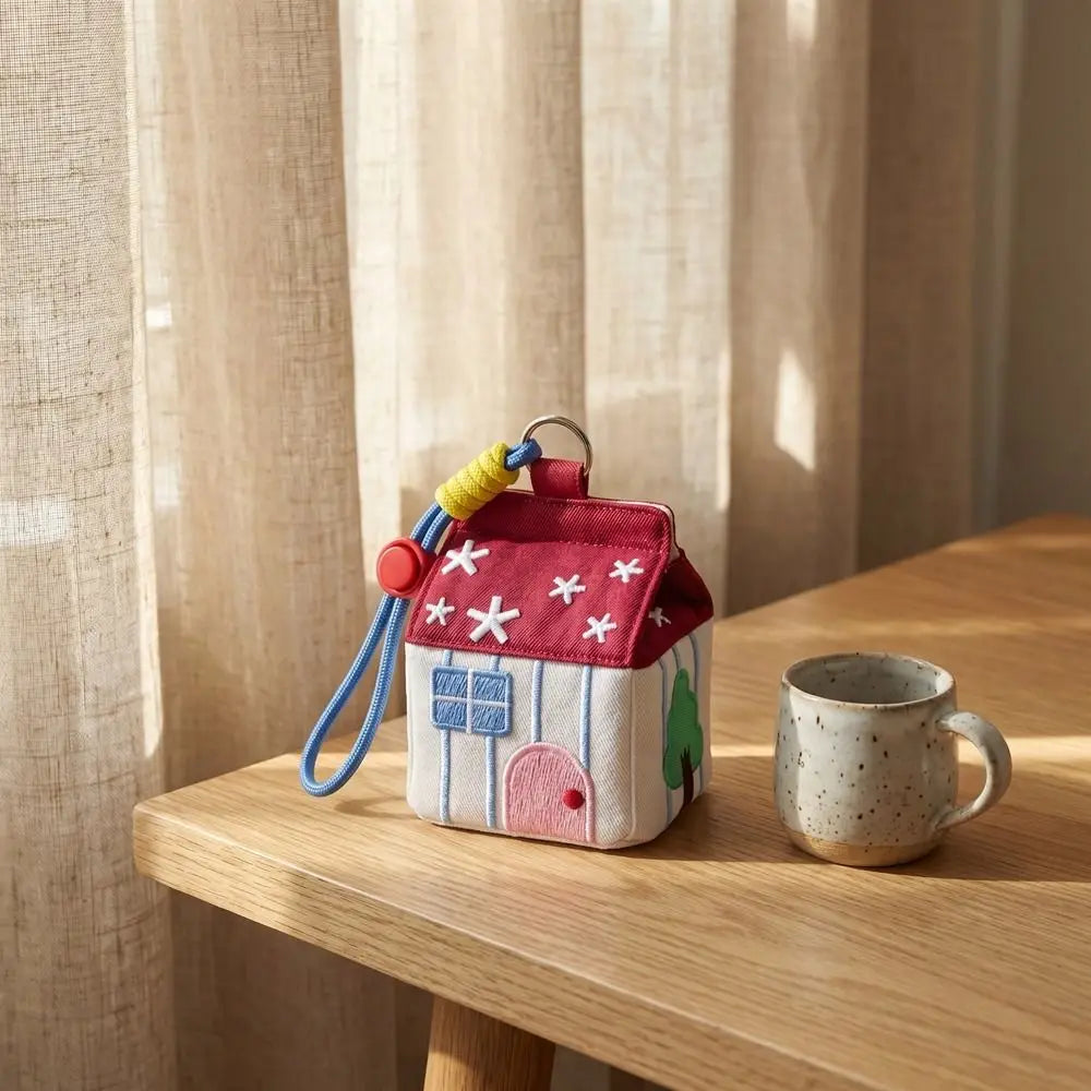 Kawaii Large Capacity Cartoon House Earphone Bag And Embroidery Storage Coin Purse In Red Polyester