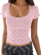 Y2K Polka Dot Crop Top With Lace Trim And Scoop Neck Short Sleeve Tee