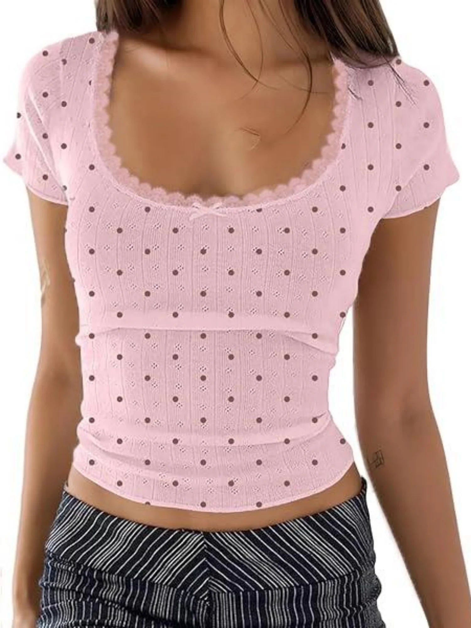 Y2K Polka Dot Crop Top With Lace Trim And Scoop Neck Short Sleeve Tee