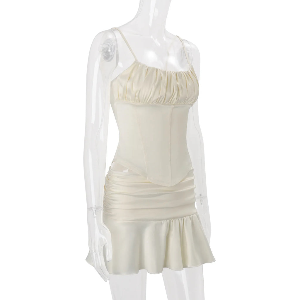 Two Piece Set Slim Top And Pleated Skirt With Ruffles