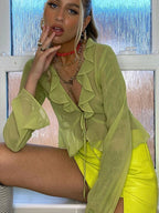 Chiffon Sheer Crop Tank Top With V Neck And Flare Sleeves