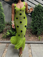 Midnight Sleeveless Knit Maxi Dress With Hollow Dot Tassel Hem