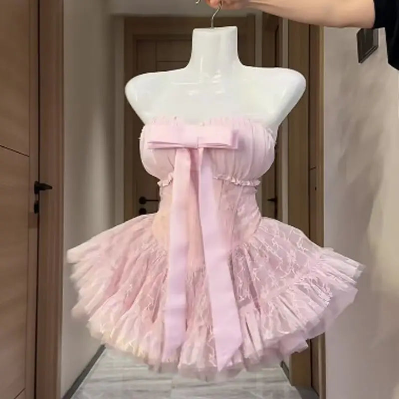 Pastel Pink Bow Mini Tube Top Dress Fairy Princess Aesthetic