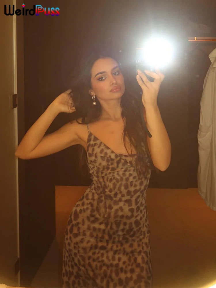 Leopard Print Spaghetti Strap Backless Dress With Ruffle Hem