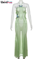 Sheer Halter Dress With Butterfly Appliques Hollow Ruffle Details Elegant Gown