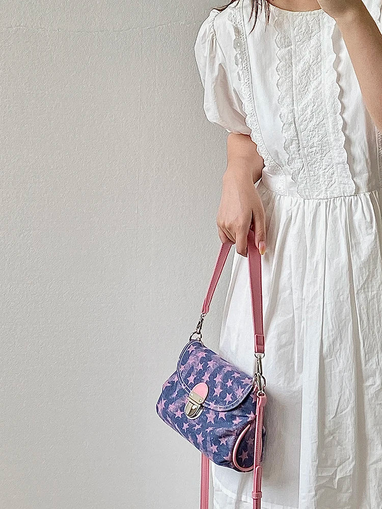 Contrast Color Star Print Crossbody Bag for Women Lightweight Shoulder Purse With Buckle