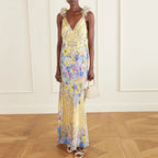 Floral Boho Sleeveless Maxi Dress With Flower Straps V Neck