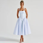 Gingham Square Neck A-Line Midi Dress With Pockets