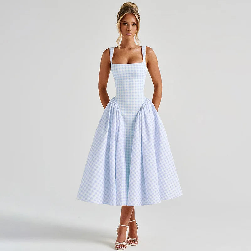 Gingham Square Neck A-Line Midi Dress With Pockets