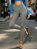 Black And White Plaid Leggings For Women High Waist Slim Fit Ankle Slit