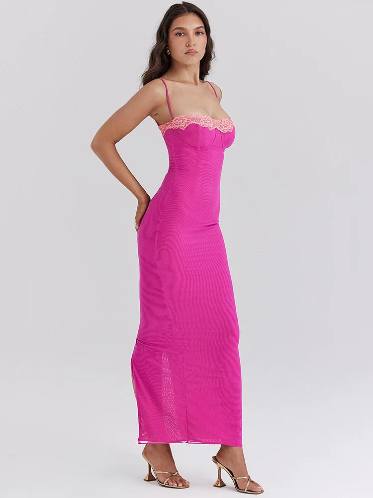 Lace Spaghetti Strap Bodycon Maxi Dress With Patchwork Backless