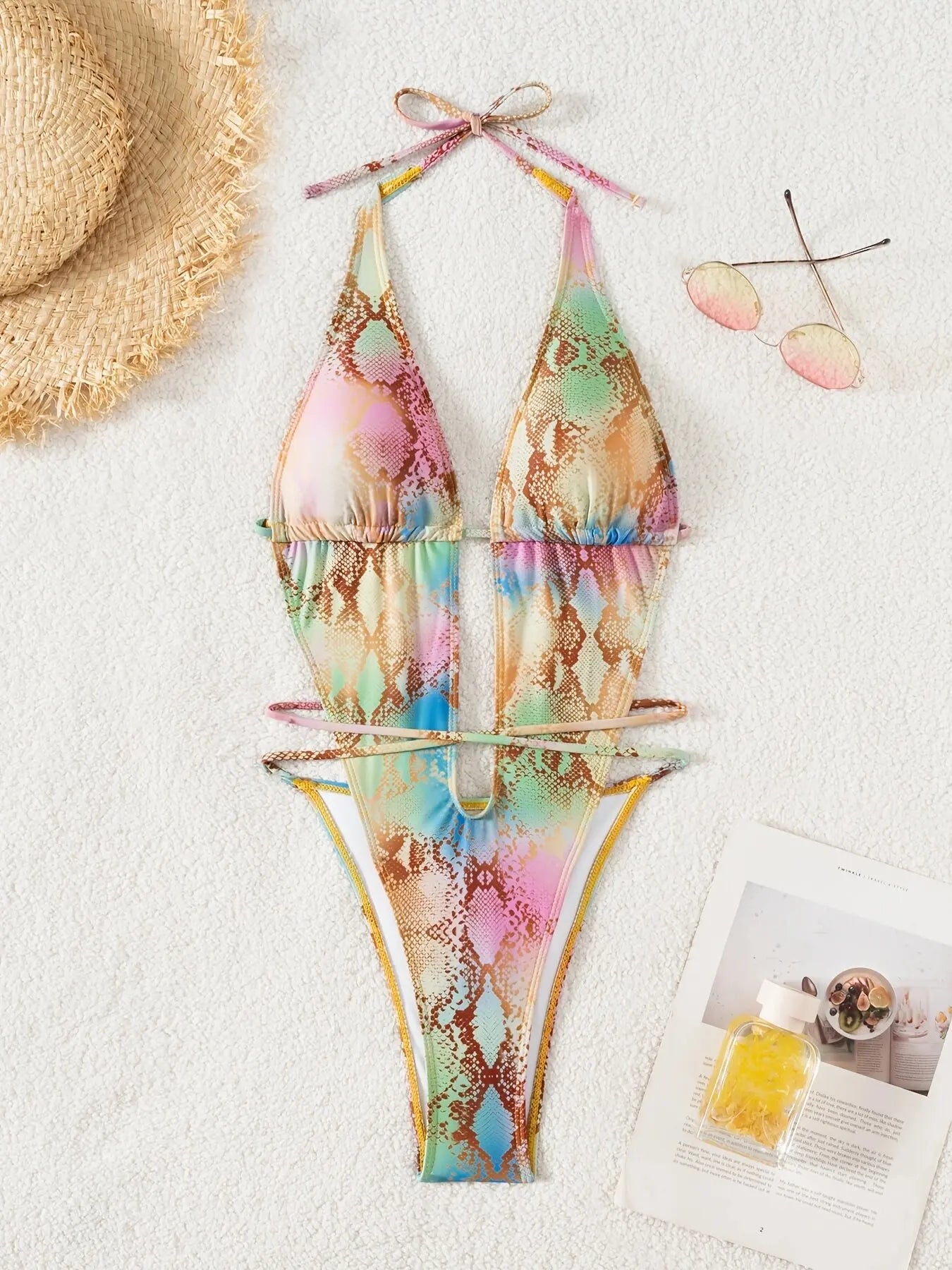 Green Snakeskin Gradient One Piece Swimsuit With Hollow Out Backless Silhouette For Beach And Pool