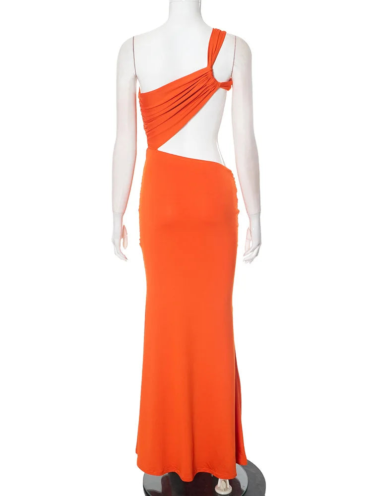One Shoulder Backless Hollow Dress With Irregular Pleats And Tassel Patchwork