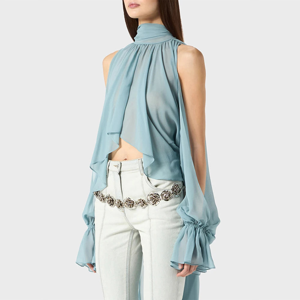 Off Shoulder Chiffon Blouse With Lightweight Fit Asymmetrical Hem And Bow Detail