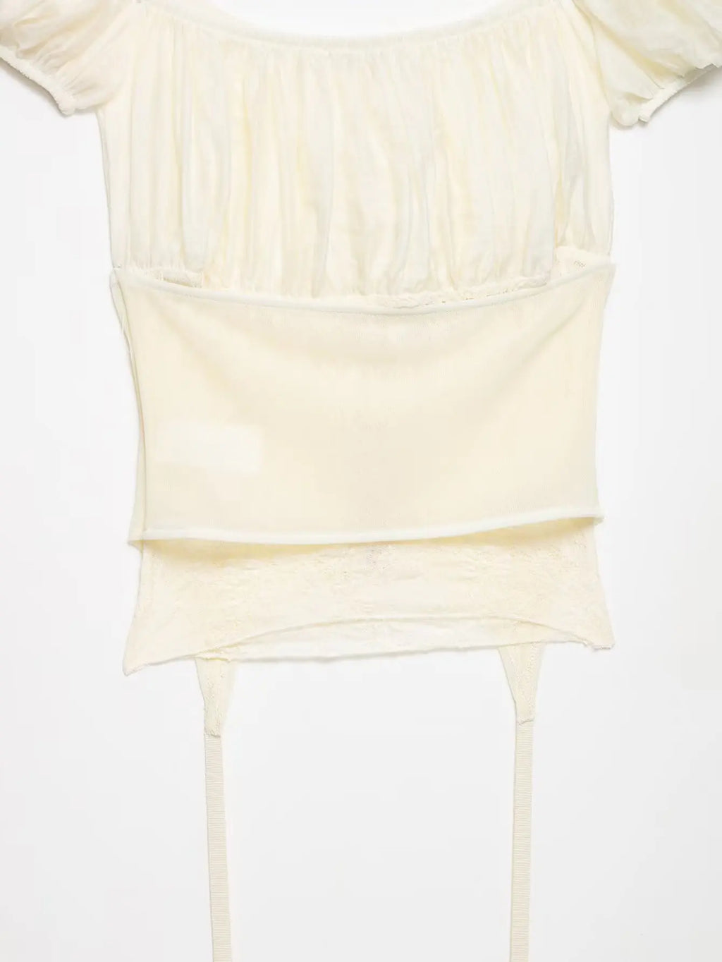 Female Slim Fit Square Neck Puff Sleeve Lace Ruched Corset Waist Short Blouse