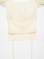 Female Slim Fit Square Neck Puff Sleeve Lace Ruched Corset Waist Short Blouse