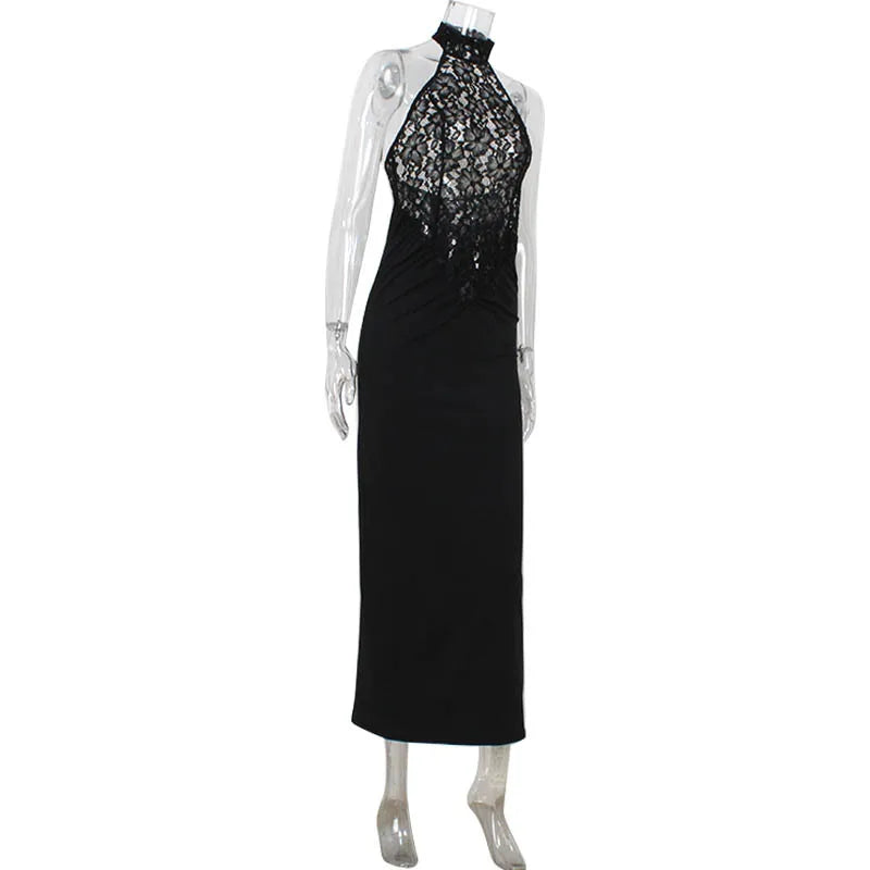 Elegant Lace Patchwork Sleeveless Dress For Women Chic Sheath Style With Hip Wrap