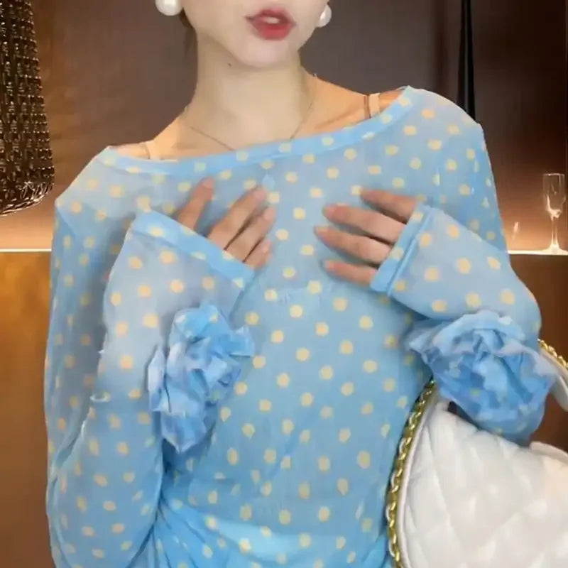 Breezy Ocean Blue Polka Dot Sheer Blouse With Long Sleeves And Boat Neck