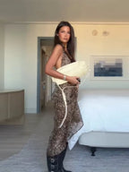 Leopard Print Maxi Dress With Lace Trim And Spaghetti Straps