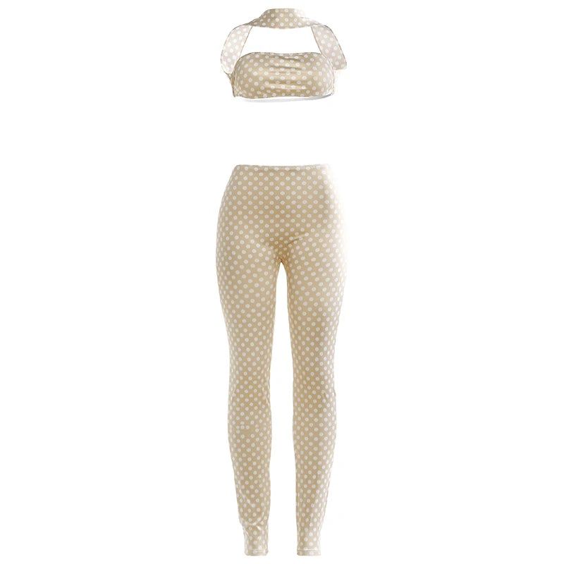 Dot Print Halter Top And Slim Leggings Set